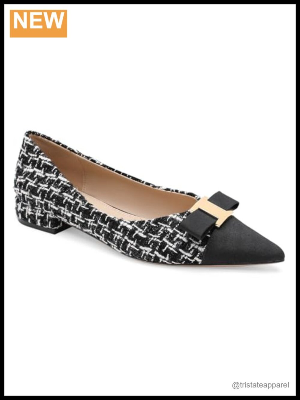 Genuine Leather Pointed Toe Flats Tweed Ballet Flats Gold Buckle